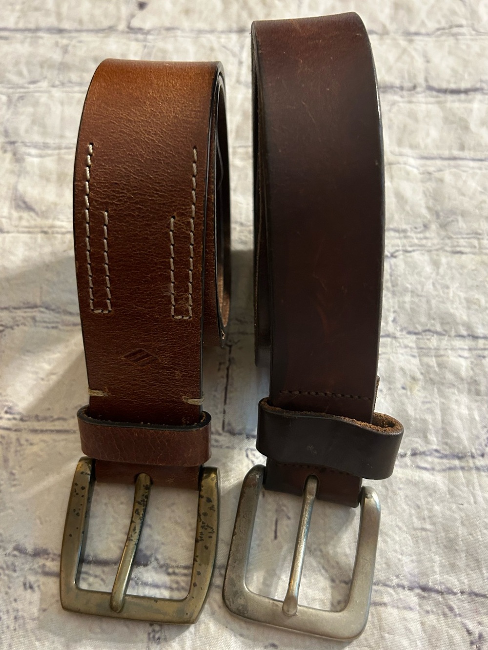 JOSEPH ABBOUD BROWN LEATHER ANTIQUE BUCKLE 36 & RUGGED BROWN RETRO LEATHER BELTS